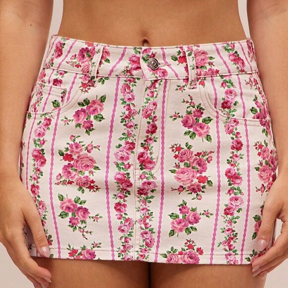 Country Western Multicolor Boho Women's ditsy Floral Stripe Micro Denim Skirt - Picture 4 of 5